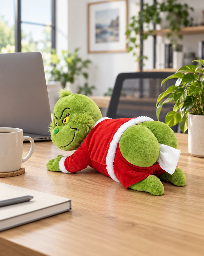 The plush tissue holder on an office desk